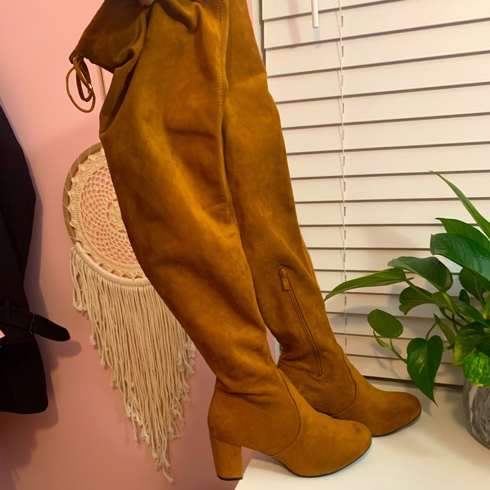 Camel Suede Thigh High Boots a/ Block Heel - Size 9
